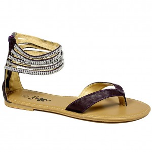 Sandals - 6-pair Leather Like Ankle Cuff w/ Liner Beaded Straps - Purple - SL-C1028PL